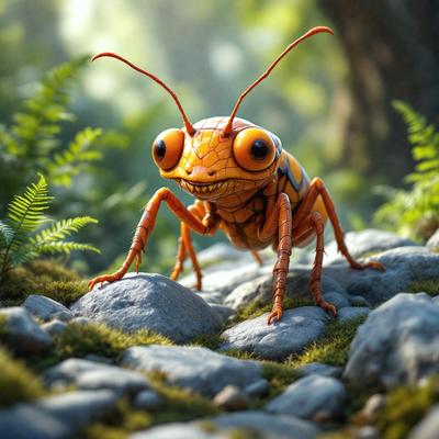 The primary subject of the image is a large, colorful insect, possibly a grasshopper or a beetle, standing on a rock in a forest. The insect has a vibrant yellow and orange color scheme, making it stand out against the natural backdrop of the forest. The setting includes a variety of plants, including ferns and trees, which create a lush and serene environment. The visual style of the image is a combination of photo and digital art, giving it a realistic yet artistic appearance. The colors and mood of the image are bright, cheerful, and full of life, reflecting the beauty and diversity of the natural world.